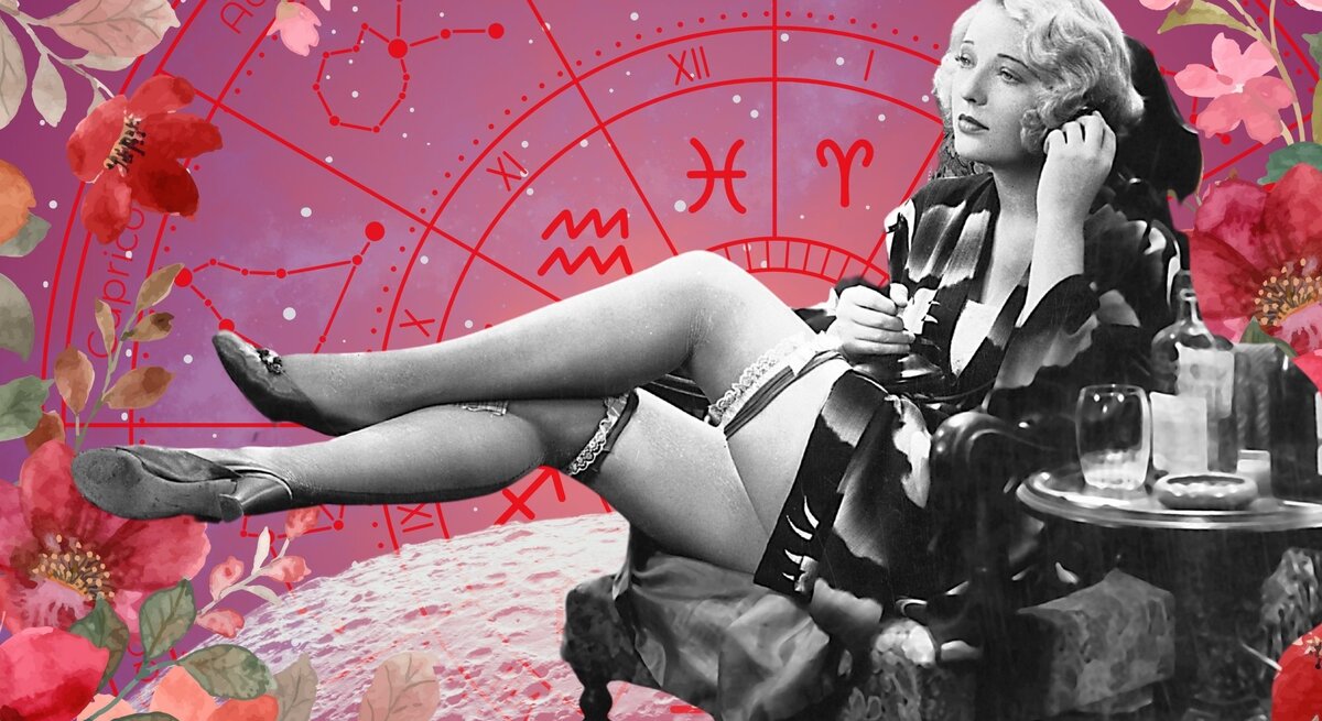 Vintage-Szene mit glamouröser Frau auf einem Sessel, umgeben von Cocktails und Zigaretten, im Hintergrund florale Illustrationen und ein Tierkreis-Kreis auf pink-lilafarbenem Grund – symbolisiert Job, Genuss und Lebenslust.