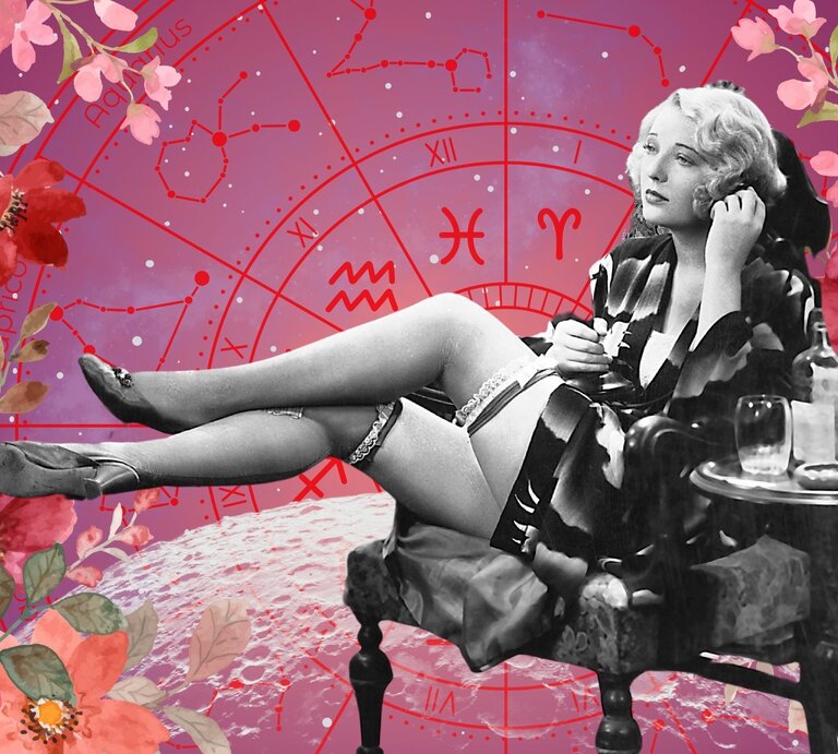 Vintage-Szene mit glamouröser Frau auf einem Sessel, umgeben von Cocktails und Zigaretten, im Hintergrund florale Illustrationen und ein Tierkreis-Kreis auf pink-lilafarbenem Grund – symbolisiert Job, Genuss und Lebenslust. | © Getty Images/ Screen Archives, WinWin.artlab, sceptical cactus, OyoyStudio, kucingpink/ mohamad imron hamsyah und Asrul Aqroni via Canva.com [M]