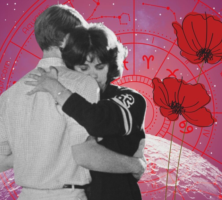 Ein inniger Tanz zweier Personen in Schwarz-Weiß, darüber rote Mohnblumen vor einem astrologischen Hintergrund mit Sternzeichen auf rosa-lila Verlauf – visualisiert Romantik und zarte Verbindungen. | © Getty Images/ Screen Archives, WinWin.artlab, sceptical cactus, OyoyStudio, kucingpink/ mohamad imron hamsyah und DSGNRL via Canva.com [M]