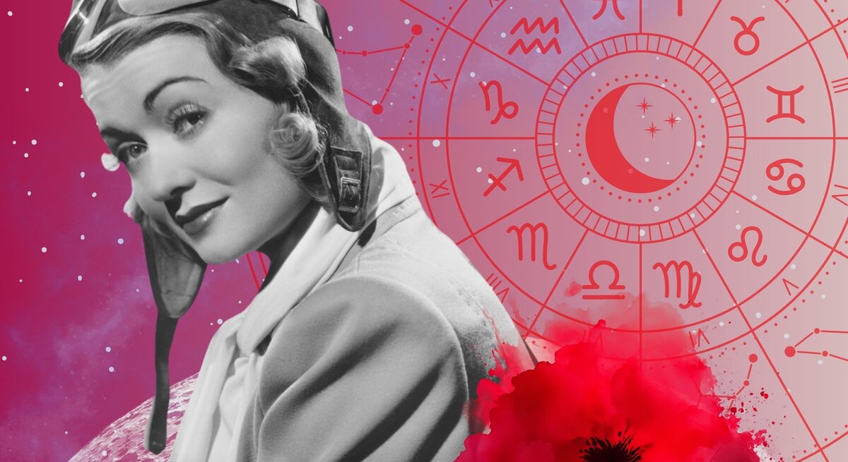 Eine stilisierte Collage mit astrologischem und retroästhetischem Flair: Im Vordergrund ist eine schwarz-weiß Fotografie einer Frau mit einer Fliegerhaube. Im Hintergrund befindet sich ein rosa-lila Universum mit Sternen und einer großen, runden astrologischen Tierkreis in Rot mit allen zwölf Sternzeichen. Neben ihr die Zeichnung einer roten Mohnblume.
