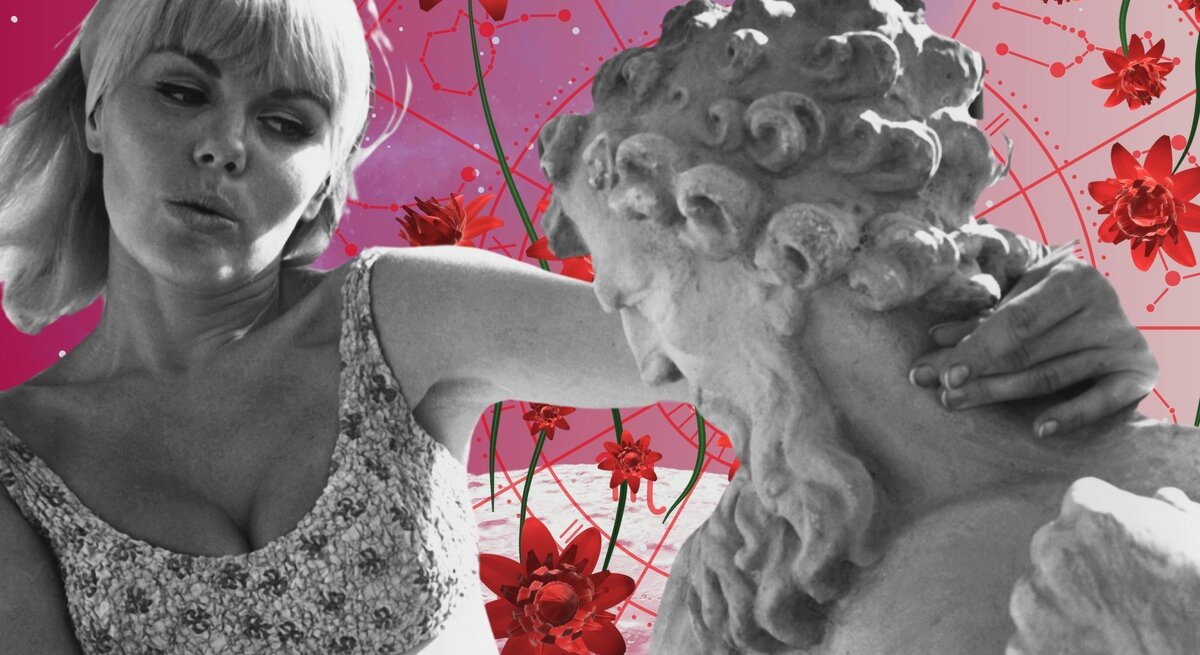 Eine stilisierte Collage mit astrologischem und retroästhetischem Flair: Im Vordergrund ist eine Schwarz-weiß-Fotografie einer Frau zu sehen, die um eine männliche Skulptur tanzt. Im Hintergrund befindet sich ein rosa-lila Universum mit Sternen und einer großen, runden astrologischen Tierkreis in Rot mit allen zwölf Sternzeichen. Außerdem sind rote Blumen im Hintergrund zu sehen.