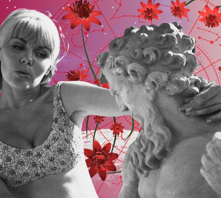 Eine stilisierte Collage mit astrologischem und retroästhetischem Flair: Im Vordergrund ist eine Schwarz-weiß-Fotografie einer Frau zu sehen, die um eine männliche Skulptur tanzt. Im Hintergrund befindet sich ein rosa-lila Universum mit Sternen und einer großen, runden astrologischen Tierkreis in Rot mit allen zwölf Sternzeichen. Außerdem sind rote Blumen im Hintergrund zu sehen. | © Getty Images/ Screen Archives, WinWin.artlab, sceptical cactus, OyoyStudio, kucingpink/ mohamad imron hamsyah und AnnKu via Canva.com [M]