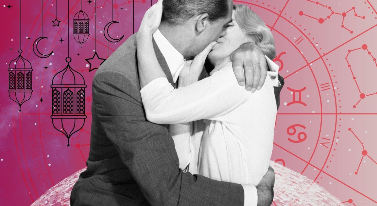 Eine stilisierte Collage mit astrologischem und retroästhetischem Flair: Im Vordergrund ist eine schwarz-weiß Fotografie eines Paares zu sehen, das sich küsst. Im Hintergrund befindet sich ein rosa-lila Universum mit Sternen und einer großen, runden astrologischen Tierkreis in Rot mit allen zwölf Sternzeichen