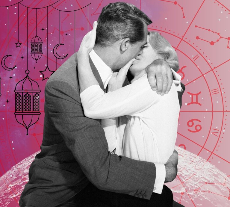 Eine stilisierte Collage mit astrologischem und retroästhetischem Flair: Im Vordergrund ist eine schwarz-weiß Fotografie eines Paares zu sehen, das sich küsst. Im Hintergrund befindet sich ein rosa-lila Universum mit Sternen und einer großen, runden astrologischen Tierkreis in Rot mit allen zwölf Sternzeichen | © Getty Images/ Screen Archives, WinWin.artlab, sceptical cactus, OyoyStudio, kucingpink/ mohamad imron hamsyah und Srsadi123 via Canva.com [M]