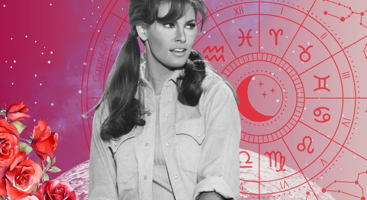Eine stilisierte Collage mit astrologischem und retroästhetischem Flair: Im Vordergrund ist eine schwarz-weiß Fotografie einer jungen Frau mit langen, welligen Haaren und Pony, die locker zurückgebunden sind. Sie trägt ein aufgeknöpftes Jeanshemd und blickt zur Seite. Im Hintergrund befindet sich ein rosa-lila Universum mit Sternen und einer großen, runden astrologischen Tierkreis in Rot mit allen zwölf Sternzeichen. Nebenihr ist die Grafik von roten Blumen zu sehen.