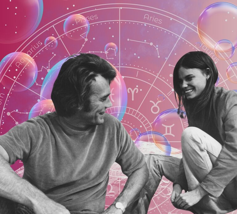 Ein Paar in schwarz-weiß sitzt vor einem Hintergrund, der das Universum und seine Sterne zeigt und einem Tierkreis mit den Symbolen der 12 Sternzeichen. Neben ihnen sind Seifenblasen zu sehen. Das Bild macht einen mystischen Eindruck. | © Getty Images/ Screen Archives , WinWin.artlab, Jaya Adi Prastya Design, kucingpink/ mohamad imron hamsyah und pixabay/ BestStock via Canva.com [M]