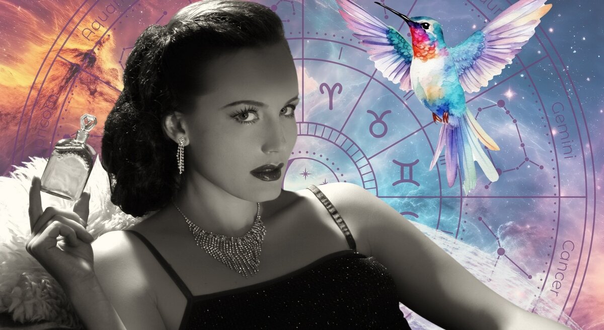 Stilvolle Frau im Retro-Look (schwarz-weiß) liegt elegant auf einem Sofa, trägt funkelnden Schmuck und hält ein Parfumflakon in der Hand. Im Hintergrund ein bunter Kosmos mit astrologischem Tierkreis und Sternzeichen wie Zwillinge, Krebs und Wassermann. Ein pastellfarbener, schillernder Kolibri fliegt mit ausgebreiteten Flügeln durch das Bild – Symbol für Leichtigkeit, Schönheit und Spiritualität.