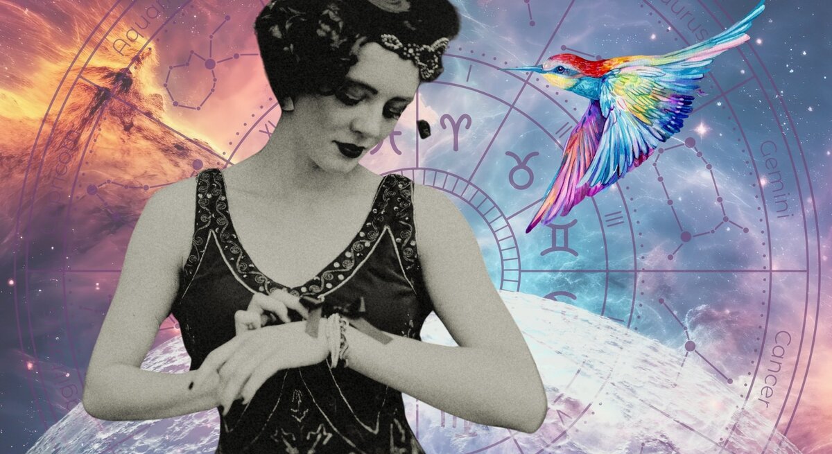 Collageartige Darstellung einer eleganten Frau im Vintage-Stil (schwarz-weiß), die auf eine Uhr an ihrem Handgelenk schaut. Im Hintergrund ein kosmisches Universum mit Planeten, Sternennebeln und einem astrologischen Tierkreis mit Sternzeichen wie Zwillinge, Krebs und Wassermann. Rechts fliegt ein leuchtend bunter Kolibri vor einem himmlischen Hintergrund, der Magie und Spiritualität vermittelt.