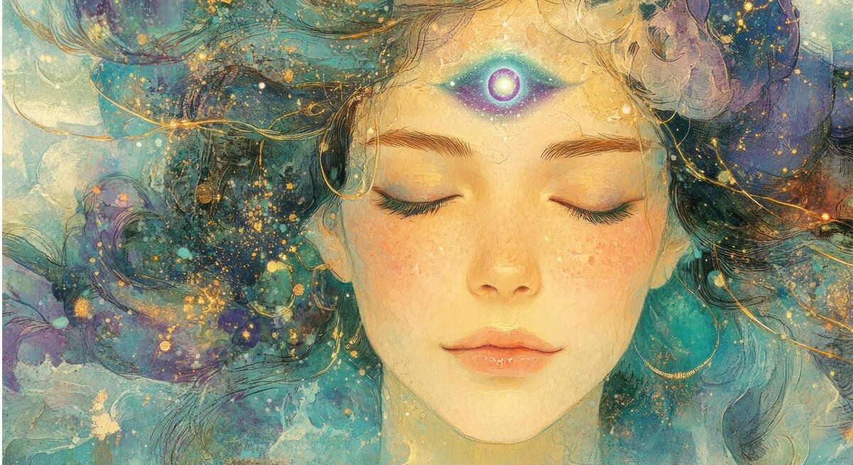 Eine künstlerische Illustration einer Frau mit geschlossenen Augen, umgeben von einem verträumten, himmlischen Hintergrund in Blau- und Goldtönen. Ihr Haar fließt wie eine Galaxie mit funkelnden Sternen und goldenen Lichtpunkten. Auf ihrer Stirn leuchtet ein geöffnetes drittes Auge, das spirituelle Weisheit und Intuition symbolisiert. Die Szene strahlt eine mystische, meditative und beruhigende Atmosphäre aus.