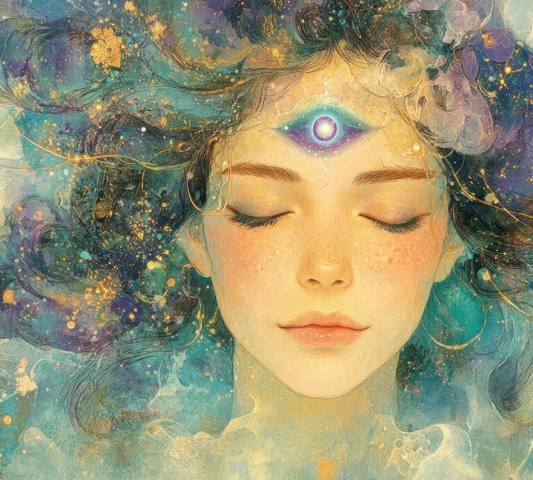 Eine künstlerische Illustration einer Frau mit geschlossenen Augen, umgeben von einem verträumten, himmlischen Hintergrund in Blau- und Goldtönen. Ihr Haar fließt wie eine Galaxie mit funkelnden Sternen und goldenen Lichtpunkten. Auf ihrer Stirn leuchtet ein geöffnetes drittes Auge, das spirituelle Weisheit und Intuition symbolisiert. Die Szene strahlt eine mystische, meditative und beruhigende Atmosphäre aus. | © Adobe Stock/ anavanesagarna (KI generiert)