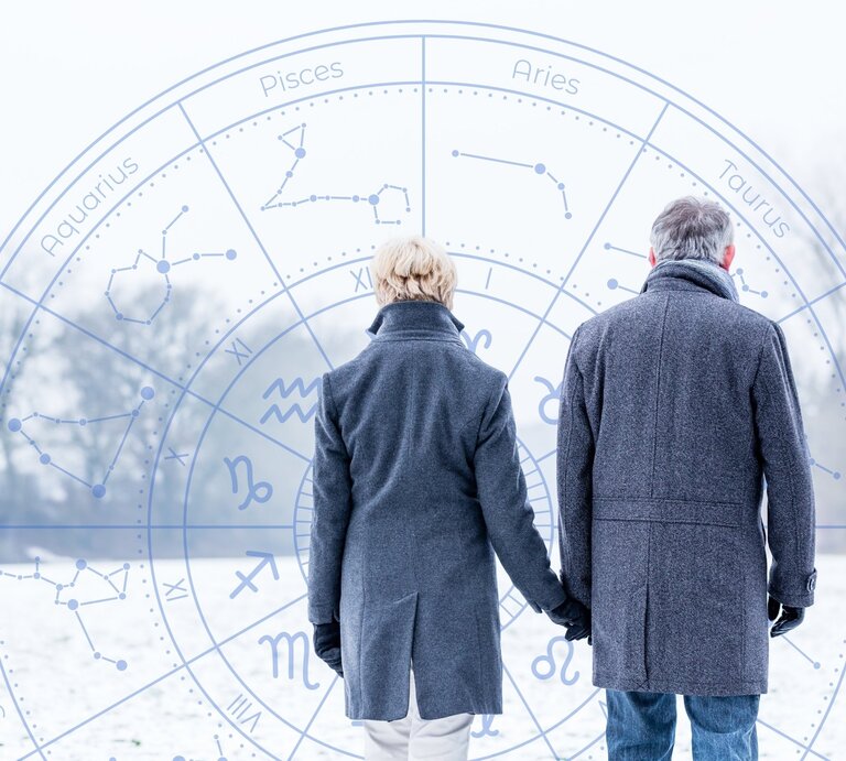 Ein Paar in winterlichen Mänteln steht Hand in Hand in einer verschneiten Landschaft mit kahlen Bäumen im Hintergrund. Sie sind von hinten zu sehen, blicken gemeinsam in die Ferne und strahlen eine ruhige, vertraute Atmosphäre aus. Überlagert ist ein astrologisches Sternzeichen-Rad mit Konstellationen, das eine symbolische Verbindung zwischen Liebe und den Sternen herstellt. | © Kzenon und WinWin.artlab via Canva.com [M]