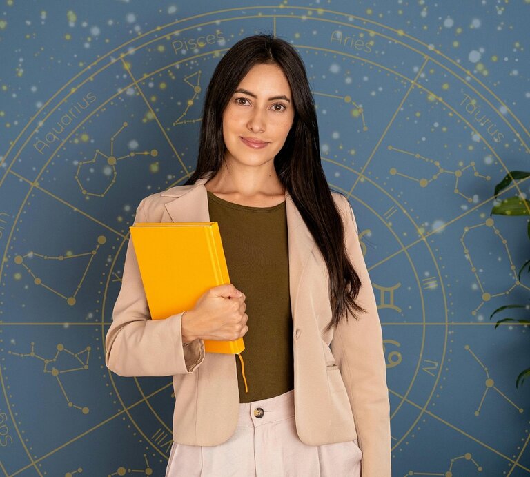 Eine junge Frau mit langen dunklen Haaren und einem freundlichen Lächeln steht vor einem blauen Hintergrund mit goldenen astrologischen Sternzeichen und Konstellationen. Sie trägt einen beigen Blazer über einem olivgrünen Oberteil und hält ein leuchtend gelbes Notizbuch in der Hand. Die Szene vermittelt eine professionelle und zugleich inspirierende Atmosphäre. | © Pexels/ Matthew Cain, WinWin.artlab und Mas Water via Canva.com [M]