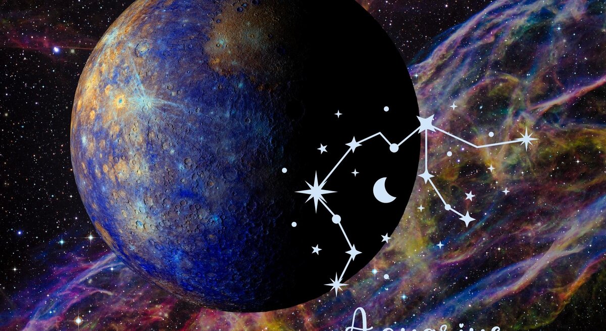 Eine künstlerische Darstellung des Planeten Merkur, der im Weltraum schwebt. Der Planet hat eine blau-goldene Textur, die ihn lebendig und dynamisch erscheinen lässt. Im Hintergrund ist ein leuchtendes, farbenfrohes Sternennebelmuster zu sehen. Rechts vom Planeten ist das Sternbild Wassermann zu erkennen, begleitet von kleinen Sternen und einem Mond-Symbol. Darunter steht in eleganter Schrift das Wort „Aquarius“. Das Bild kombiniert astrologische und astronomische Elemente und vermittelt eine mystische, zukunftsorientierte Atmosphäre.
