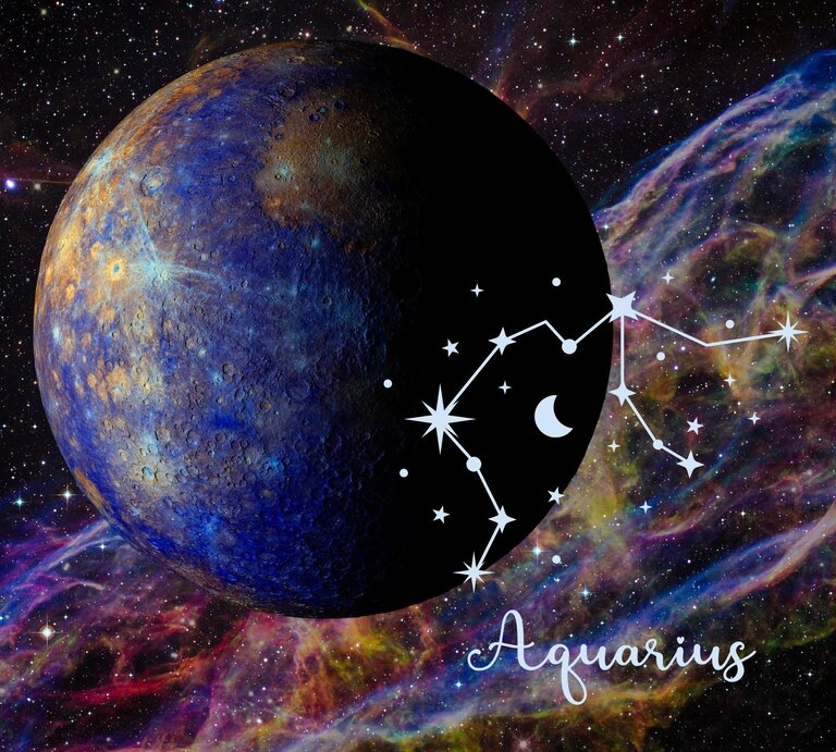 Eine künstlerische Darstellung des Planeten Merkur, der im Weltraum schwebt. Der Planet hat eine blau-goldene Textur, die ihn lebendig und dynamisch erscheinen lässt. Im Hintergrund ist ein leuchtendes, farbenfrohes Sternennebelmuster zu sehen. Rechts vom Planeten ist das Sternbild Wassermann zu erkennen, begleitet von kleinen Sternen und einem Mond-Symbol. Darunter steht in eleganter Schrift das Wort „Aquarius“. Das Bild kombiniert astrologische und astronomische Elemente und vermittelt eine mystische, zukunftsorientierte Atmosphäre. | © Getty Images/ Igor_Filonenko und  artist4love via Canva.com [M]