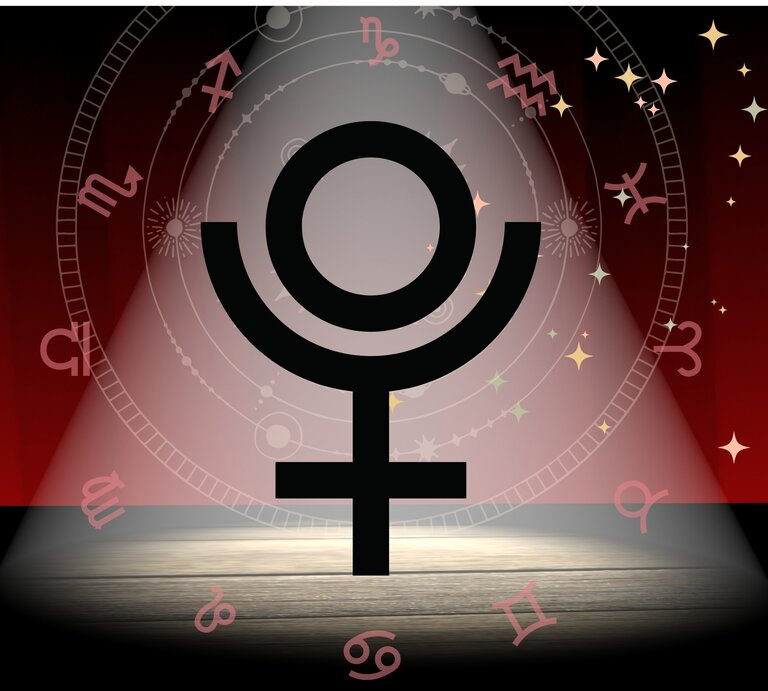 Ein großes, schwarzes Pluto-Symbol steht im Mittelpunkt einer Bühne, die von einem Spotlicht beleuchtet wird. Im Hintergrund sind astrologische Sternzeichen in einem Kreis angeordnet, umgeben von funkelnden Sternen auf einem rot-schwarzen Farbverlauf. Die Szene vermittelt eine mystische und geheimnisvolle Atmosphäre mit astrologischem Bezug. | © Getty Images Pro/ Eskemar, WC Studio, Julia Dreams, Olena Mats und Chikovnaya via Canva.com [M]