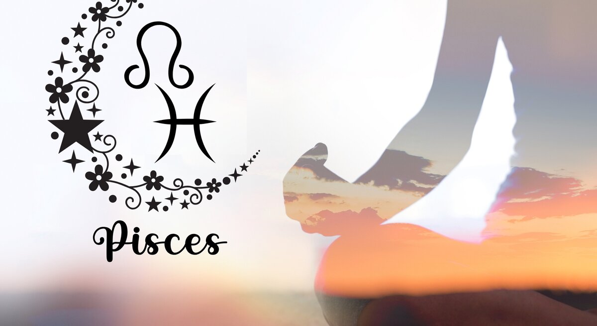 Symbolische Darstellung des Sternzeichens Fische mit floralen und sternförmigen Ornamenten in einer Halbmondform, kombiniert mit einer Silhouette einer meditierenden Person vor einem Sonnenuntergang.