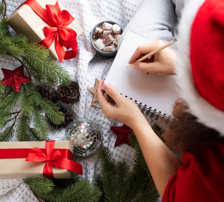 Ein weihnachtliches Bild zeigt eine Person, die in ein leeres Notizbuch schreibt. Sie trägt eine rote Weihnachtsmütze und sitzt auf einer kuscheligen, weißen Decke. Um die Person herum liegen festlich verpackte Geschenke mit roten Schleifen, grüne Tannenzweige, rote Weihnachtssterne, Tannenzapfen und eine glänzende silberne Christbaumkugel. In der Nähe steht eine Tasse heiße Schokolade mit Marshmallows, was eine gemütliche und festliche Atmosphäre schafft. | © Изображения пользователя alina via Canva.com
