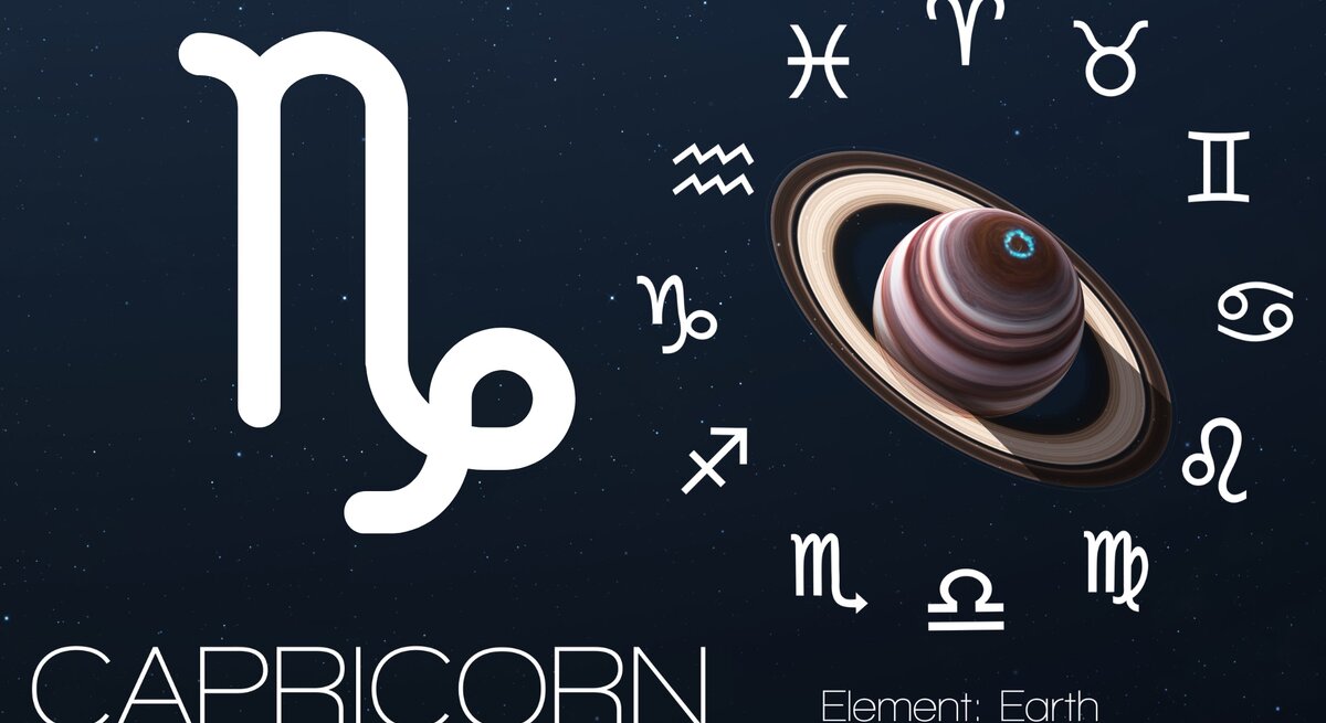 Ein stilisiertes astrologisches Design für das Sternzeichen Steinbock. Im Zentrum befindet sich das Symbol für Steinbock, umgeben von einem Ring mit den anderen Sternzeichensymbolen. Daneben ist der Saturn mit seinen Ringen dargestellt, der als Herrscherplanet des Steinbocks gilt. Unten im Bild sind die zugehörigen Eigenschaften aufgeführt: Element Erde, Planet Saturn und die Farbe Braun. Der Hintergrund zeigt einen dunkelblauen Nachthimmel mit funkelnden Sternen. Das Bild symbolisiert die astrologische Verbindung des Steinbocks mit seinem Element und Planeten.