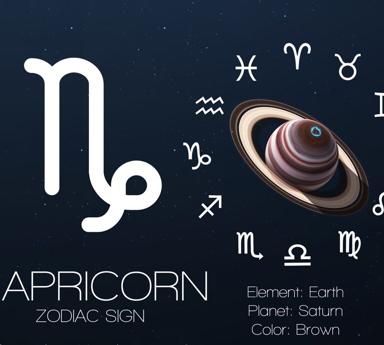 Ein stilisiertes astrologisches Design für das Sternzeichen Steinbock. Im Zentrum befindet sich das Symbol für Steinbock, umgeben von einem Ring mit den anderen Sternzeichensymbolen. Daneben ist der Saturn mit seinen Ringen dargestellt, der als Herrscherplanet des Steinbocks gilt. Unten im Bild sind die zugehörigen Eigenschaften aufgeführt: Element Erde, Planet Saturn und die Farbe Braun. Der Hintergrund zeigt einen dunkelblauen Nachthimmel mit funkelnden Sternen. Das Bild symbolisiert die astrologische Verbindung des Steinbocks mit seinem Element und Planeten. | © Getty Images/ forplayday und Icons Minds via Canva.com [M]