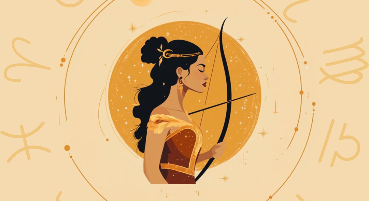 Eine stilisierte Darstellung einer Frau, die das Sternzeichen Schütze repräsentiert. Sie trägt ein elegantes, goldenes Kleid und hält einen Bogen in der Hand, während sie vor einem leuchtenden, goldenen Vollmond steht. Um sie herum sind astrologische Symbole in sanften Beigetönen abgebildet, die eine harmonische und feminine Atmosphäre schaffen. Das Bild vermittelt Zuversicht, Stärke und die Verbindung zur Astrologie.