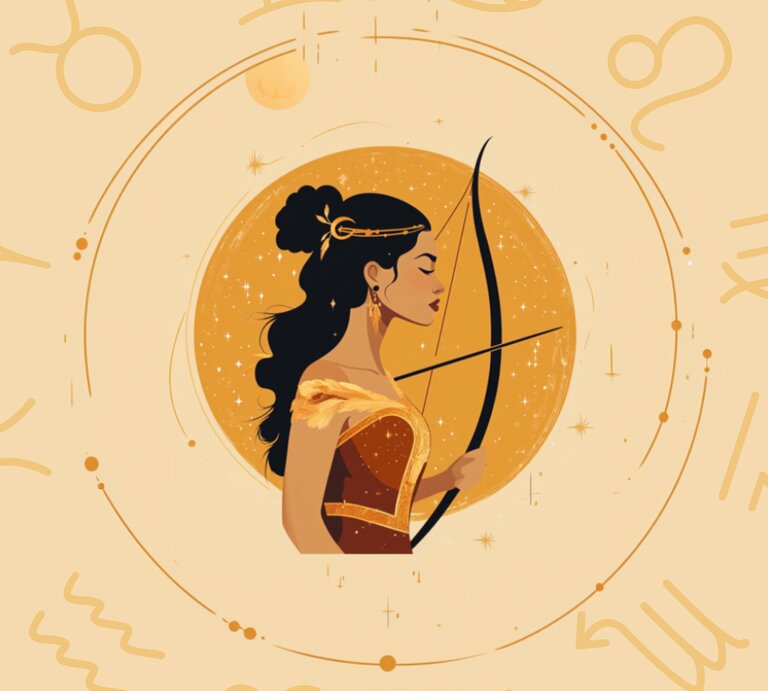 Eine stilisierte Darstellung einer Frau, die das Sternzeichen Schütze repräsentiert. Sie trägt ein elegantes, goldenes Kleid und hält einen Bogen in der Hand, während sie vor einem leuchtenden, goldenen Vollmond steht. Um sie herum sind astrologische Symbole in sanften Beigetönen abgebildet, die eine harmonische und feminine Atmosphäre schaffen. Das Bild vermittelt Zuversicht, Stärke und die Verbindung zur Astrologie. | © KI generiert/ Midjourney und Keronyart's Images/ Be keronyart via Canva.com [M]
