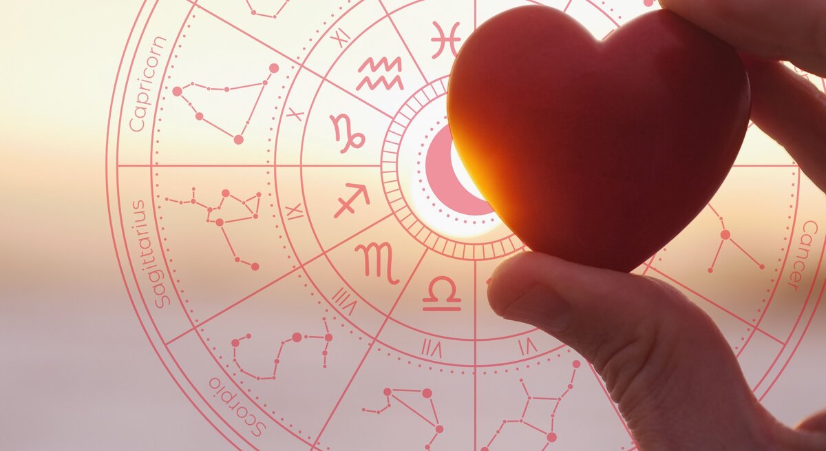 Eine Hand hält ein herzförmiges Objekt vor einem astrologischen Rad, das die Sternzeichen und ihre Symbole zeigt. Im Hintergrund geht die Sonne auf oder unter, und das Licht scheint durch das Herz. Das Bild symbolisiert die Verbindung von Liebe und Astrologie.