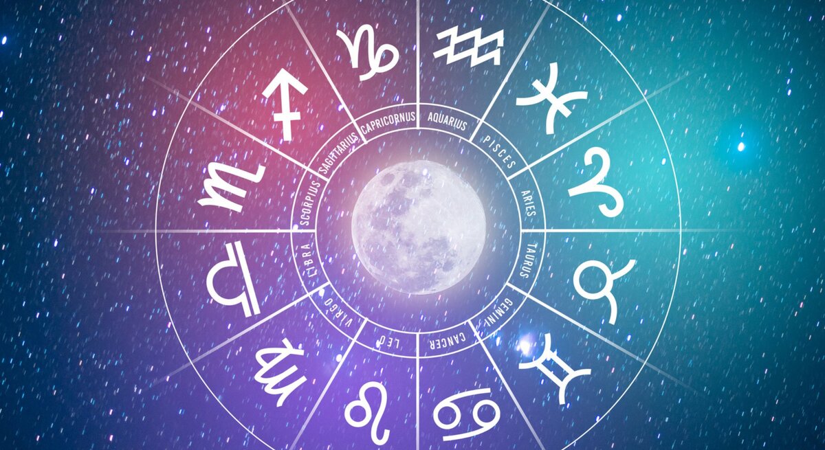 Ein astrologisches Rad mit den Symbolen der zwölf Sternzeichen, die um einen leuchtenden Vollmond im Zentrum angeordnet sind. Der Hintergrund zeigt einen sternenklaren Nachthimmel in Blau- und Violetttönen, der eine mystische und kosmische Atmosphäre schafft. Das Bild symbolisiert die Verbindung zwischen den Sternzeichen und der Mondenergie.