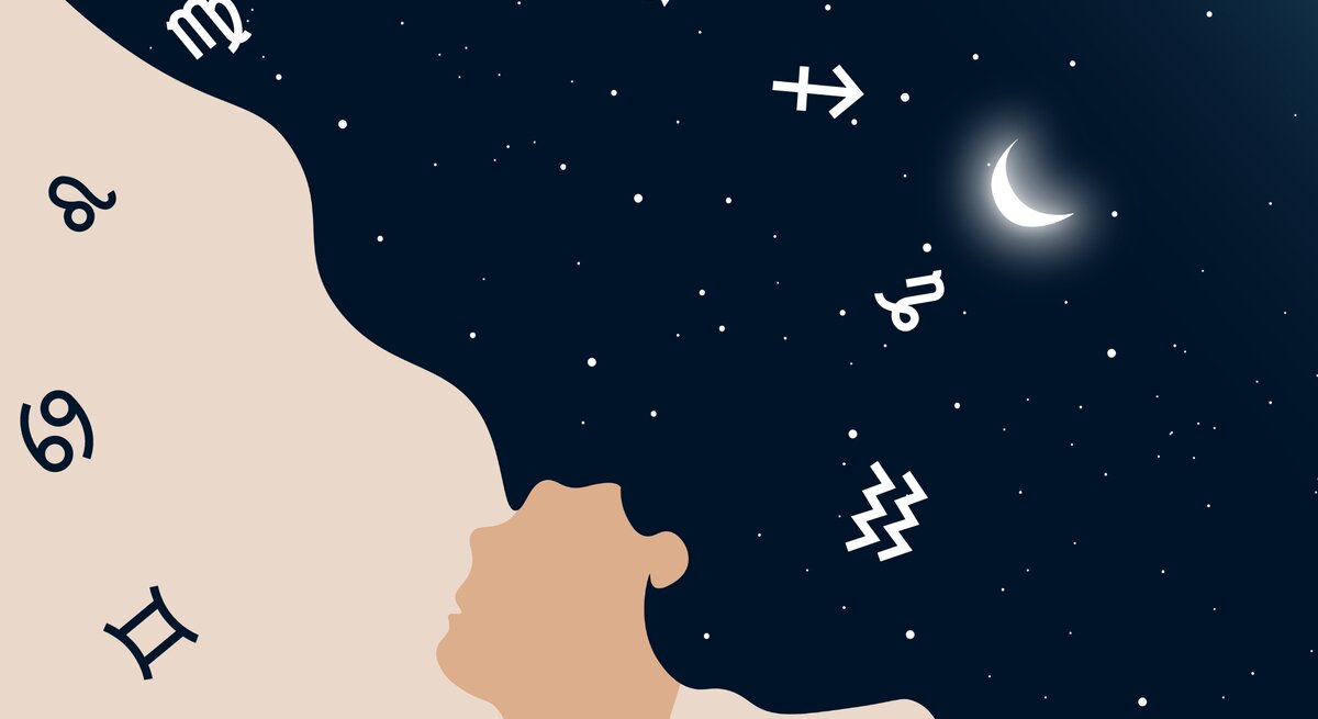 Eine stilisierte Illustration zeigt das Profil einer Person, deren Haar in den Nachthimmel übergeht, der mit Sternen übersät ist. Um den Kopf herum sind astrologische Symbole der Tierkreiszeichen verteilt, und am Himmel leuchtet eine schmale Mondsichel. Die dunkle Sternennacht kontrastiert mit dem hellen Hautton der Person, was eine Verbindung zwischen dem menschlichen Geist und dem Universum darstellt. Die Szene vermittelt ein Gefühl von Ruhe, Sternbeobachtung und astrologischer Bedeutung.