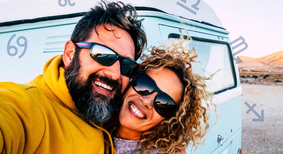 Das Bild zeigt ein glückliches Paar, das Selfie vor einem hellblauen Campervan macht. Beide tragen Sonnenbrillen und lächeln in die Kamera. Der Mann hat dunkles Haar und einen Bart und trägt einen gelben Pullover. Die Frau hat lockiges, blondes Haar und trägt einen grauen Pullover. Im Hintergrund sind eine karge Landschaft und blauer Himmel zu sehen. Um das Paar herum sind verschiedene astrologische Symbole der Tierkreiszeichen auf dem Bild platziert.