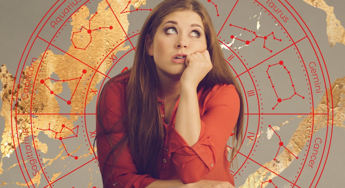 Das Bild zeigt eine nachdenklich aussehende Frau, die ihren Kopf auf eine Hand stützt. Sie trägt ein rotes Hemd und hat lange braune Haare. Im Hintergrund befindet sich ein astrologisches Rad mit den zwölf Sternzeichen und ihren zugehörigen Konstellationen, dargestellt in roter Farbe. Die Bereiche zwischen den Sternzeichen sind mit goldenen Akzenten dekoriert, was dem Bild eine schicke und mystische Atmosphäre verleiht.