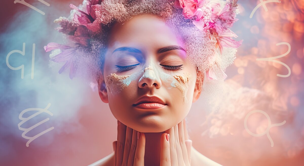 Eine junge Frau mit geschlossenen Augen und entspanntem Gesichtsausdruck trägt einen Blumenkranz aus rosa Blüten auf ihrem Kopf. Ihr Gesicht ist kunstvoll mit weißen und goldenen Farbelementen bemalt. Sie hält ihre Hände sanft an ihren Hals. Der Hintergrund ist in weichen Pastellfarben gehalten und zeigt einen verträumten, nebligen Effekt. Um sie herum sind astrologische Symbole in einem dezenten Beige-Ton verteilt, was eine mystische und spirituelle Atmosphäre schafft.