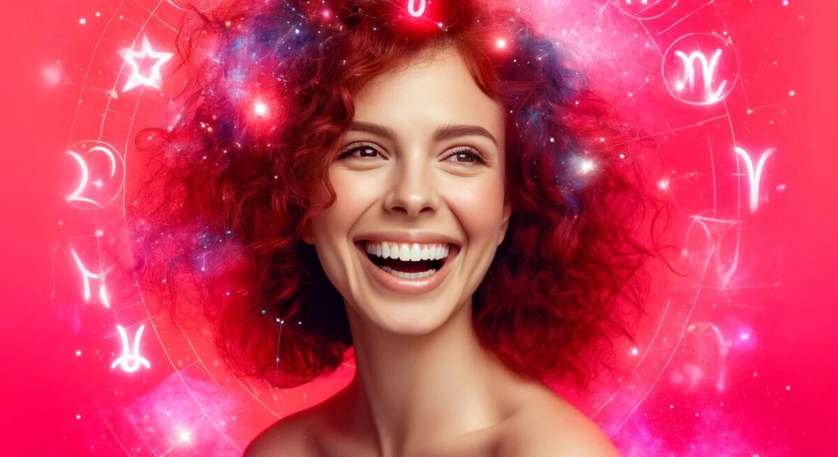 Eine fröhliche Frau mit roten Locken und astrologischen Symbolen um sie herum. Ihre Haare scheinen vor einem hellen rosa Hintergrund zu leuchten, was ihr ein ätherisches Aussehen verleiht.