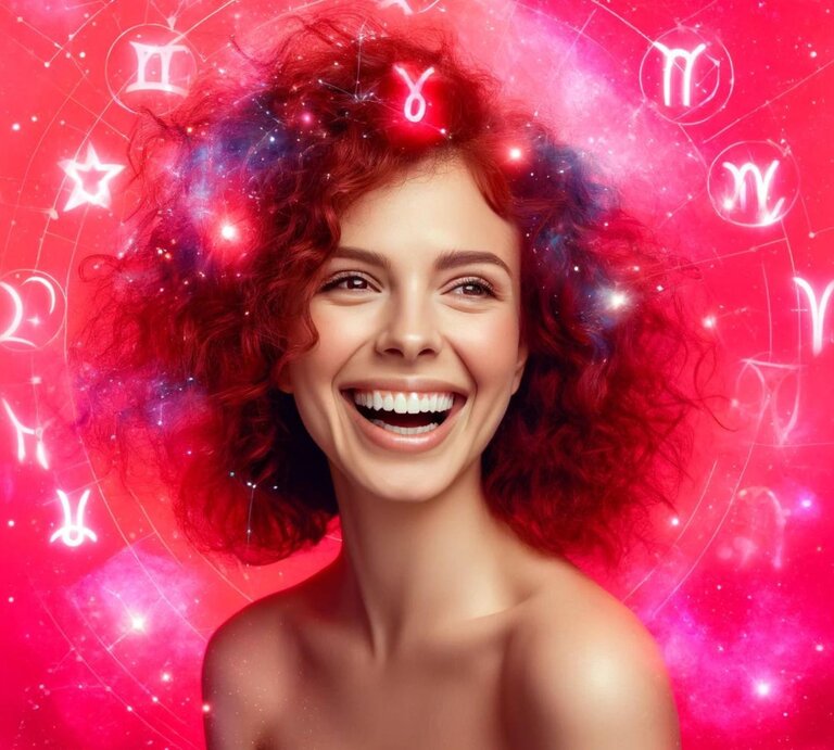 Eine fröhliche Frau mit roten Locken und astrologischen Symbolen um sie herum. Ihre Haare scheinen vor einem hellen rosa Hintergrund zu leuchten, was ihr ein ätherisches Aussehen verleiht. | © stockfour/Gettyimages und DALL-E von OpenAI