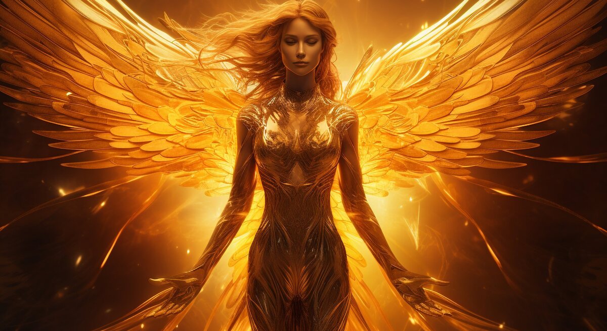 Ein majestätisches Wesen, das einem Engel ähnelt, ist in goldenem Licht getaucht. Das Bild zeigt eine Figur mit ausladenden, federigen Flügeln, die in warmen Goldtönen gehalten sind und in einem leuchtenden Schein erstrahlen. Die Flügel breiten sich weit aus und schaffen eine dynamische Komposition. Das Wesen selbst hat lange, fließende Haare, und seine Körperhaltung ist ruhig und würdevoll. Der Hintergrund des Bildes ist in einem verschwommenen Glühen gehalten, das den Fokus auf die Figur lenkt und ihr eine himmlische, fast göttliche Präsenz verleiht.