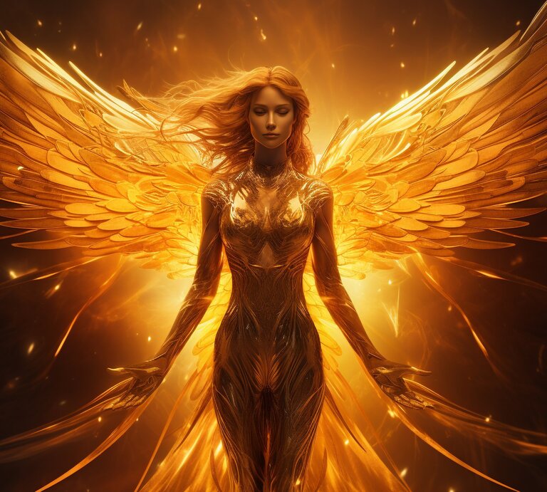 Ein majestätisches Wesen, das einem Engel ähnelt, ist in goldenem Licht getaucht. Das Bild zeigt eine Figur mit ausladenden, federigen Flügeln, die in warmen Goldtönen gehalten sind und in einem leuchtenden Schein erstrahlen. Die Flügel breiten sich weit aus und schaffen eine dynamische Komposition. Das Wesen selbst hat lange, fließende Haare, und seine Körperhaltung ist ruhig und würdevoll. Der Hintergrund des Bildes ist in einem verschwommenen Glühen gehalten, das den Fokus auf die Figur lenkt und ihr eine himmlische, fast göttliche Präsenz verleiht. | © Adobe Stock/ Rytis (KI generiert)