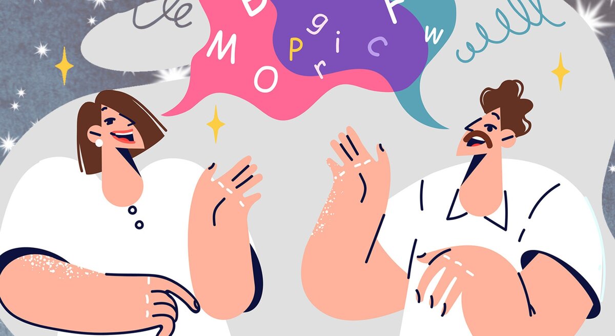 Illustration von zwei Personen, die eine Unterhaltung führen, begleitet von bunten Gedankenblasen mit Buchstaben und Wörtern. Die Frau links lacht und hat eine Gedankenblase mit Buchstaben in verschiedenen Farben. Der Mann rechts spricht mit einer Gedankenblase, die das Wort "well" enthält. Beide Charaktere sind stilisiert und in weichen, runden Formen gezeichnet, umgeben von einem Hintergrund mit Sternen und funkelnden Motiven auf einem dunklen, blaugrauen Untergrund.