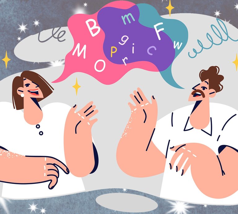 Illustration von zwei Personen, die eine Unterhaltung führen, begleitet von bunten Gedankenblasen mit Buchstaben und Wörtern. Die Frau links lacht und hat eine Gedankenblase mit Buchstaben in verschiedenen Farben. Der Mann rechts spricht mit einer Gedankenblase, die das Wort "well" enthält. Beide Charaktere sind stilisiert und in weichen, runden Formen gezeichnet, umgeben von einem Hintergrund mit Sternen und funkelnden Motiven auf einem dunklen, blaugrauen Untergrund. | © Adobe Stock/ Valery und Adobe Stock/ Tanja Bagusat