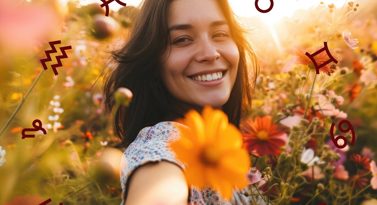  Eine strahlende junge Frau steht in einem blühenden Feld, umgeben von orangen, gelben und roten Blumen im Sonnenuntergang. Ihr Lächeln ist herzlich und einladend, während astrologische Symbole um sie herum schweben.