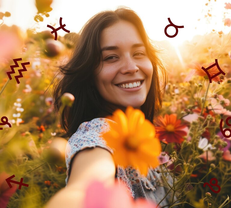  Eine strahlende junge Frau steht in einem blühenden Feld, umgeben von orangen, gelben und roten Blumen im Sonnenuntergang. Ihr Lächeln ist herzlich und einladend, während astrologische Symbole um sie herum schweben. | © Adobe Stock/ OP38Studio und Chikovnaya via Canva.com [M]