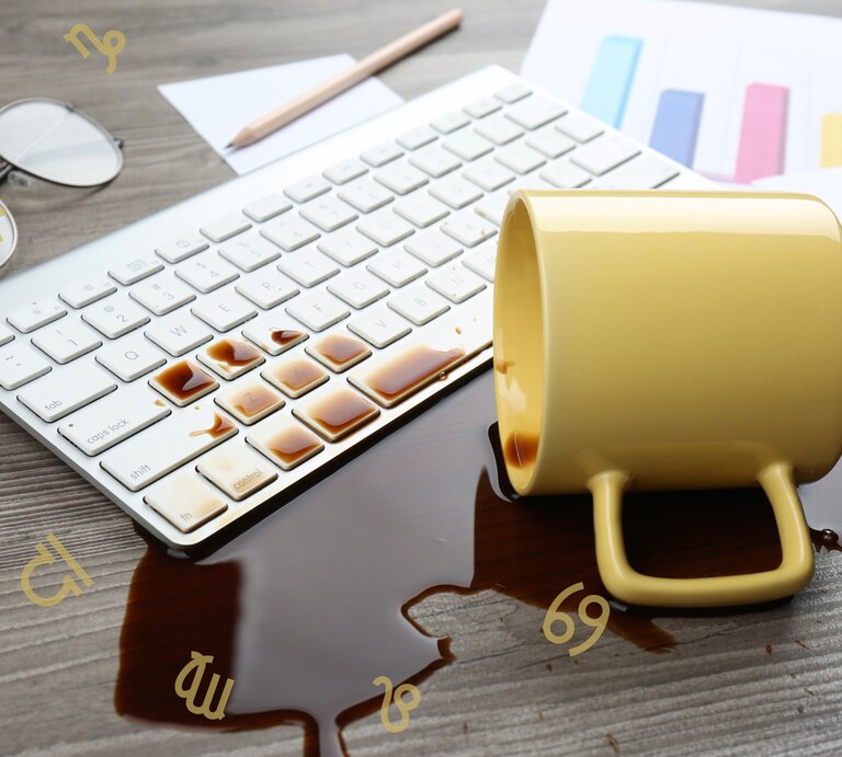 Eine umgestürzte Kaffeetasse liegt auf einem Schreibtisch. Daneben eine Computertastatur und der verschüttete Kaffee darauf. | © Adobe Stock/ New Africa und Chikovnaya via Canva.com [M]