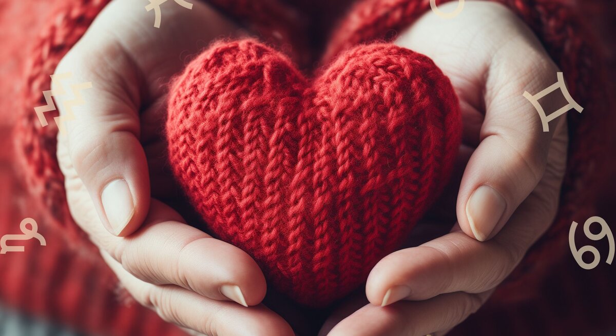Frauenhände halten ein gestricktes rotes Herz. Darum herum ist der Tierkreis zu sehen mit den astrologischen Symbolen der Sternzeichen. 