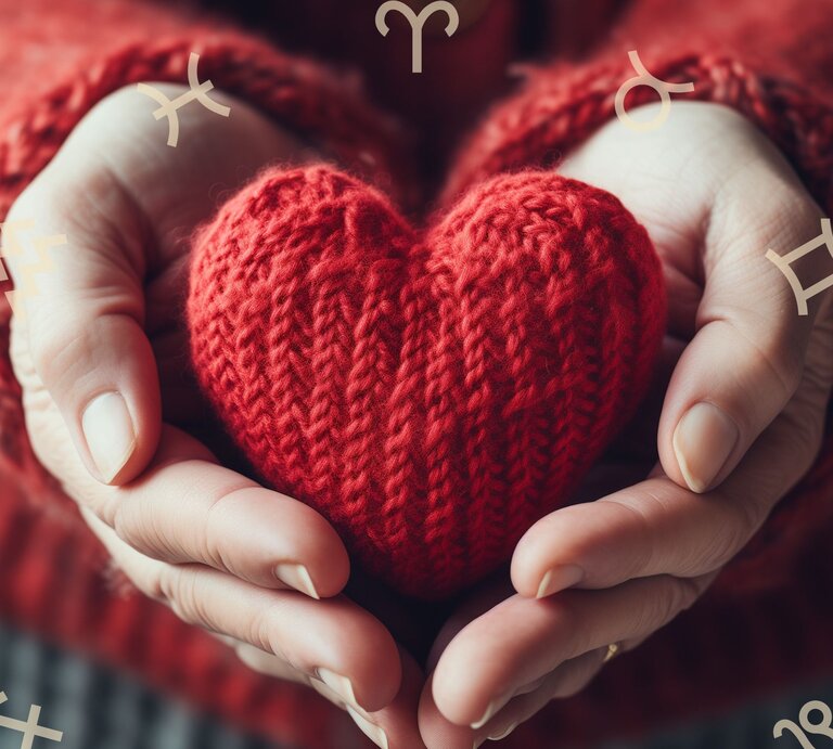 Frauenhände halten ein gestricktes rotes Herz. Darum herum ist der Tierkreis zu sehen mit den astrologischen Symbolen der Sternzeichen.  | © Adobe Stock/ Alona (KI-generiert) und Chikovnaya via Canva.com [M]