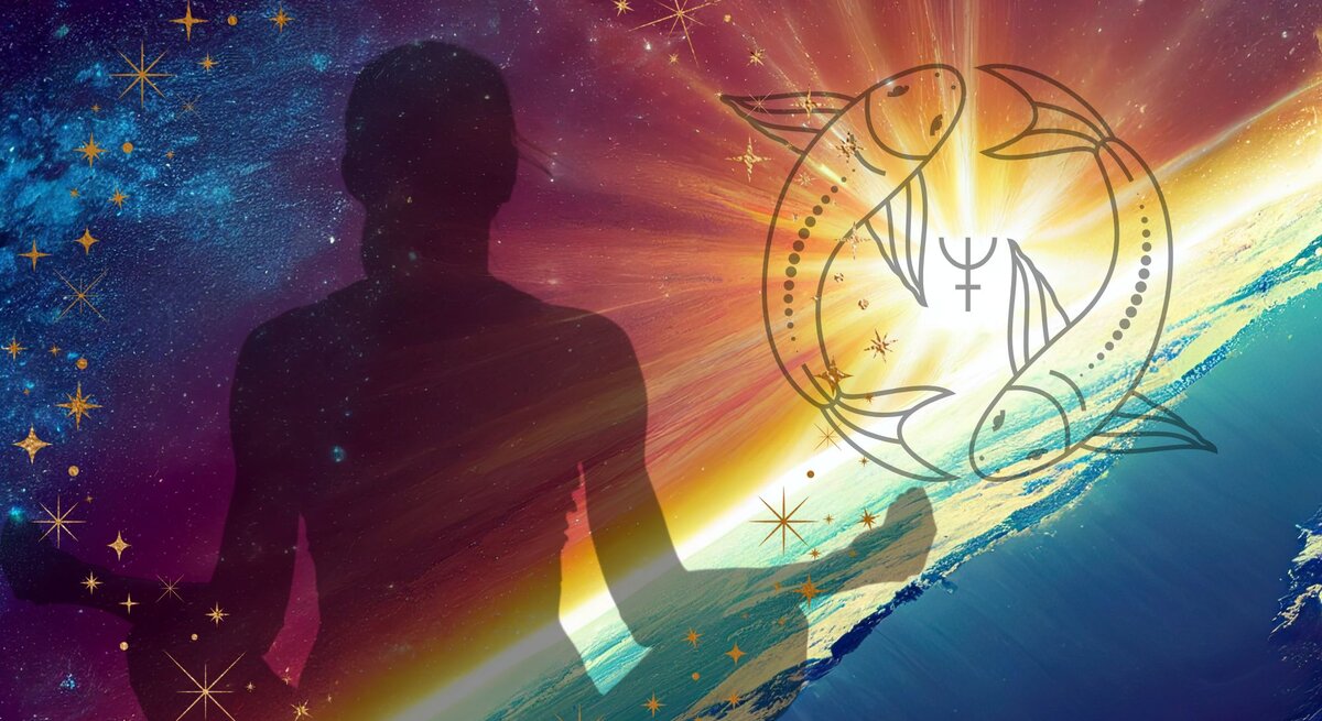 Die Sonne im Weltall geht hinter der Erde auf. Davor eine Zeichnung des astrologischen Sternzeichens Fische, also zwei Fische, die im Kreis in entgegengesetzte Richtung schwimmen. Im Vorsergrind ist die leicht transparente Silhouette einer Frau im Lotussitz zu sehen, die mit ihren Händen das Mudra der Konzentration macht.