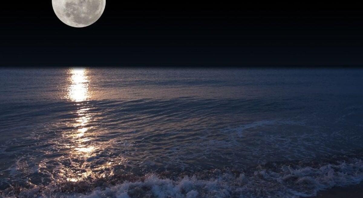 Vollmond über einem Strand bei Nacht.