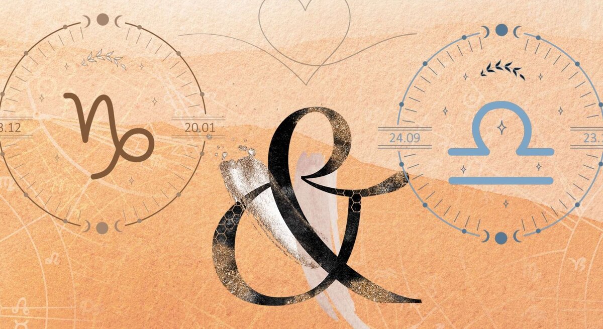 Die astrologischen Symbole der Sternzeichen Steinbock und Schütze vor einer orangefarbenen Aquarellzeichnung.
