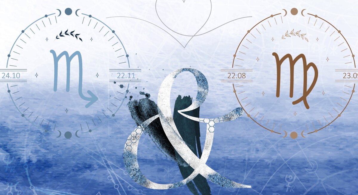 Die astrologischen Symbole der Sternzeichen Skorpion und Jungfrau vor einer hellblauen Aquarellzeichnung.