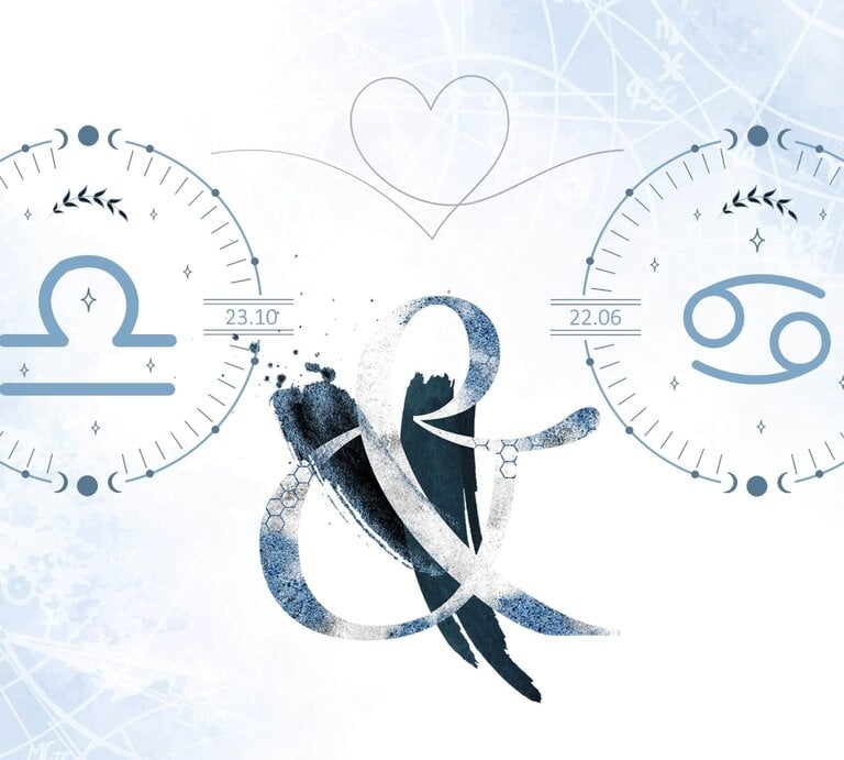 Die astrologischen Symbole der Sternzeichen Waage und Krebs vor einer hellblauen Aquarellzeichnung. | © Shutterstock, Getty Images [M]