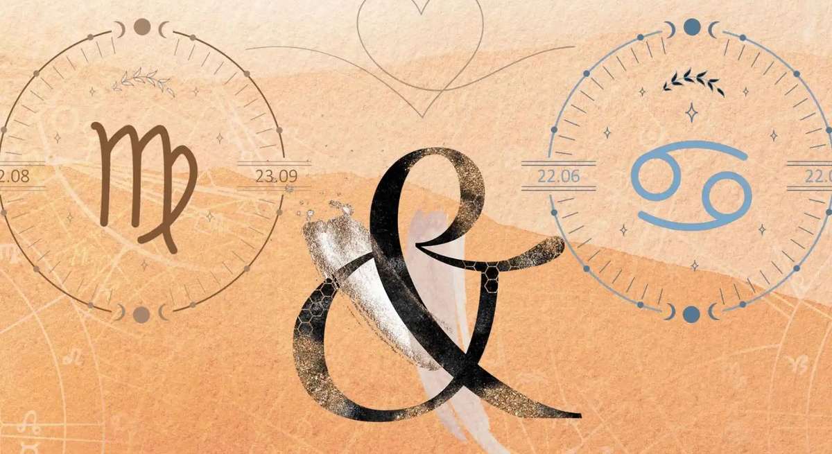 Die astrologischen Symbole der Sternzeichen Jungfrau und Krebs vor einer orange-roten Aquarellzeichnung.