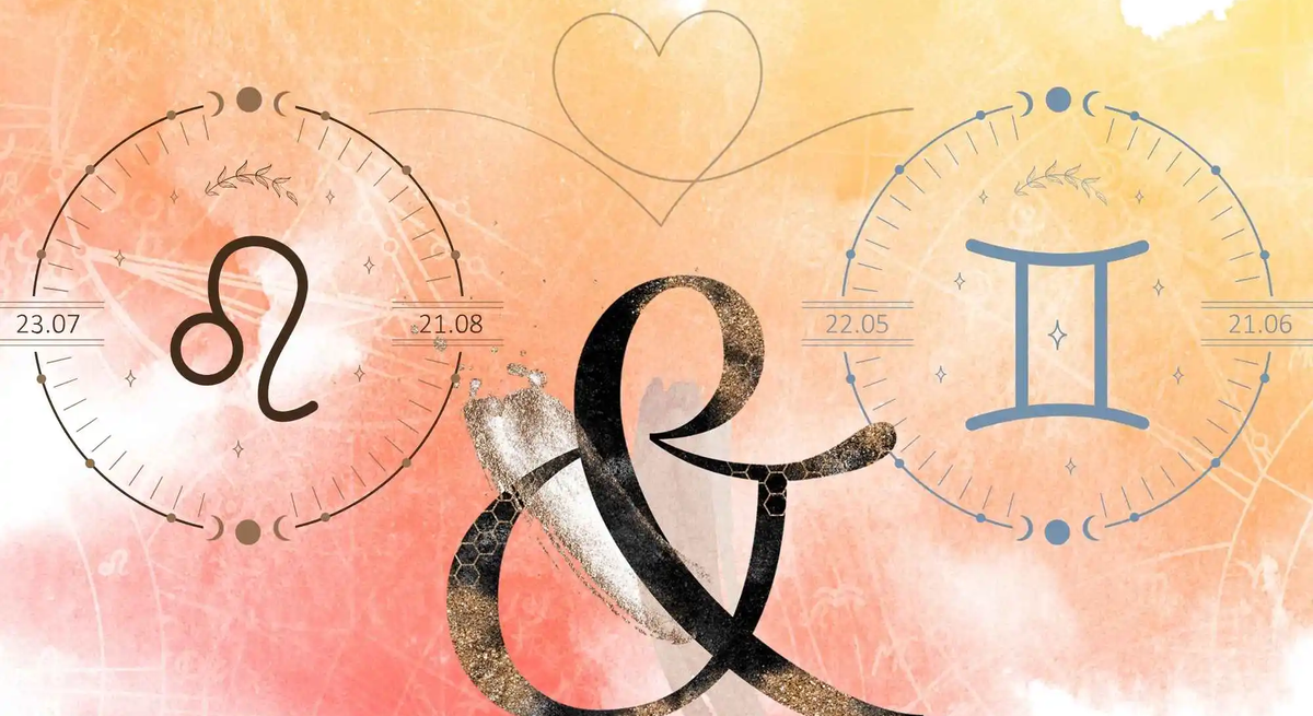 Die astrologischen Symbole der Sternzeichen Löwe und Zwillinge vor einer orangefarbenen Aquarellzeichnung.