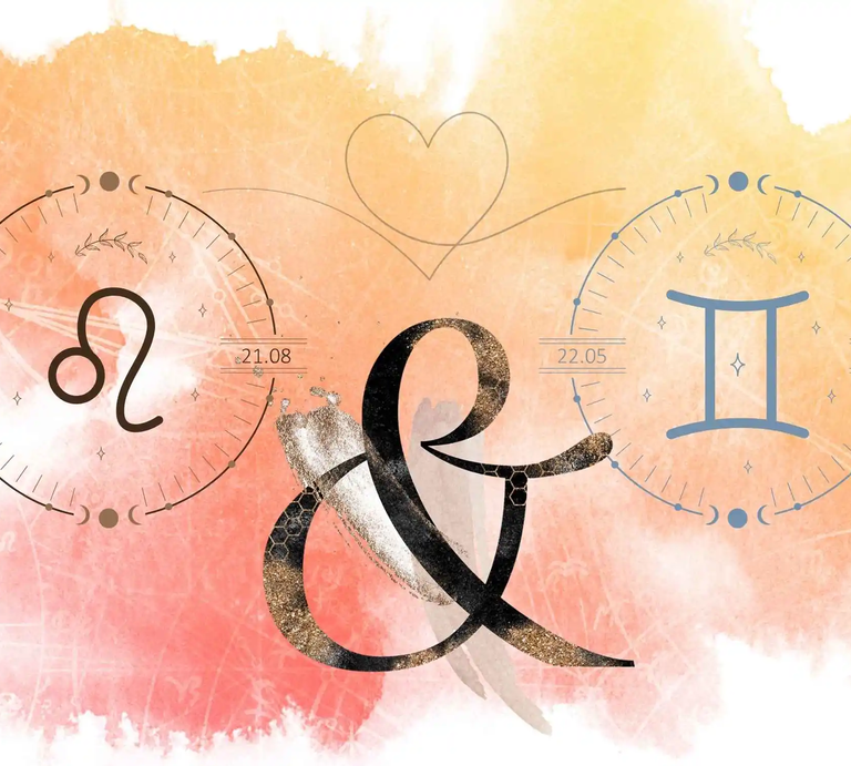 Die astrologischen Symbole der Sternzeichen Löwe und Zwillinge vor einer orangefarbenen Aquarellzeichnung. | © Shutterstock, Getty Images [M]